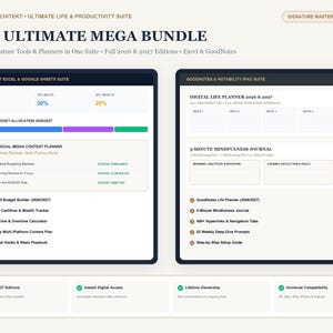 Könnte beinhalten: Eine digitale Produktivitätssuite mit dem Titel The Ultimate Mega Bundle, die Microsoft Excel, Google Sheets, GoodNotes und Notability-Tools enthält. Die Oberfläche zeigt Budgetplaner, Social-Media-Planer und einen digitalen Lebensplaner 2026-2027.