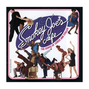 May include: Album cover for "Smokey Joe's Cafe: The Songs of Leiber and Stoller." The design features a purple background with the title in white script. Various figures in performance poses are arranged around the title, with a pink and black border.