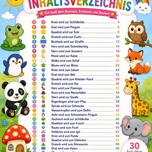 Könnte beinhalten: Eine farbenfrohe Inhaltsverzeichnis-Seite für ein Kinder-Malbuch mit der Überschrift INHALTSVERZEICHNIS. Sie enthält eine Liste von 30 nummerierten Zeichenübungen, die Formen in Tiere verwandeln, umrahmt von Illustrationen eines Frosches, Pinguins, Pandas, Pilzhauses, einer Eule, eines Fuchses, einer Giraffe und eines Elefanten.