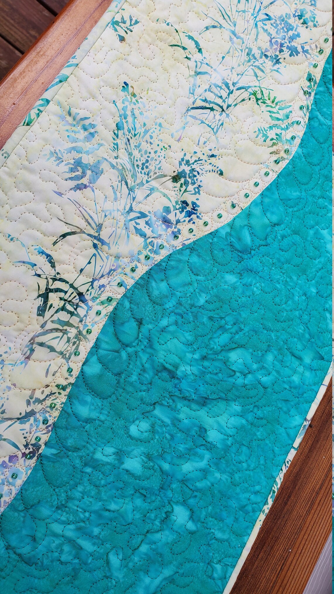 Wavy quilted and beaded turquoise floral table runner. Table Etsy