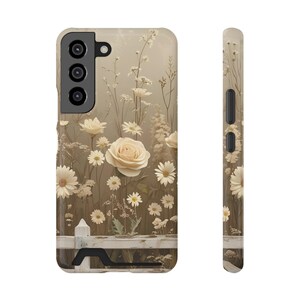 Funda floral para teléfono con tarjetero, accesorios vintage chic, regalos para ella, artículos esenciales para el día a día, diseño inspirado en la naturaleza.