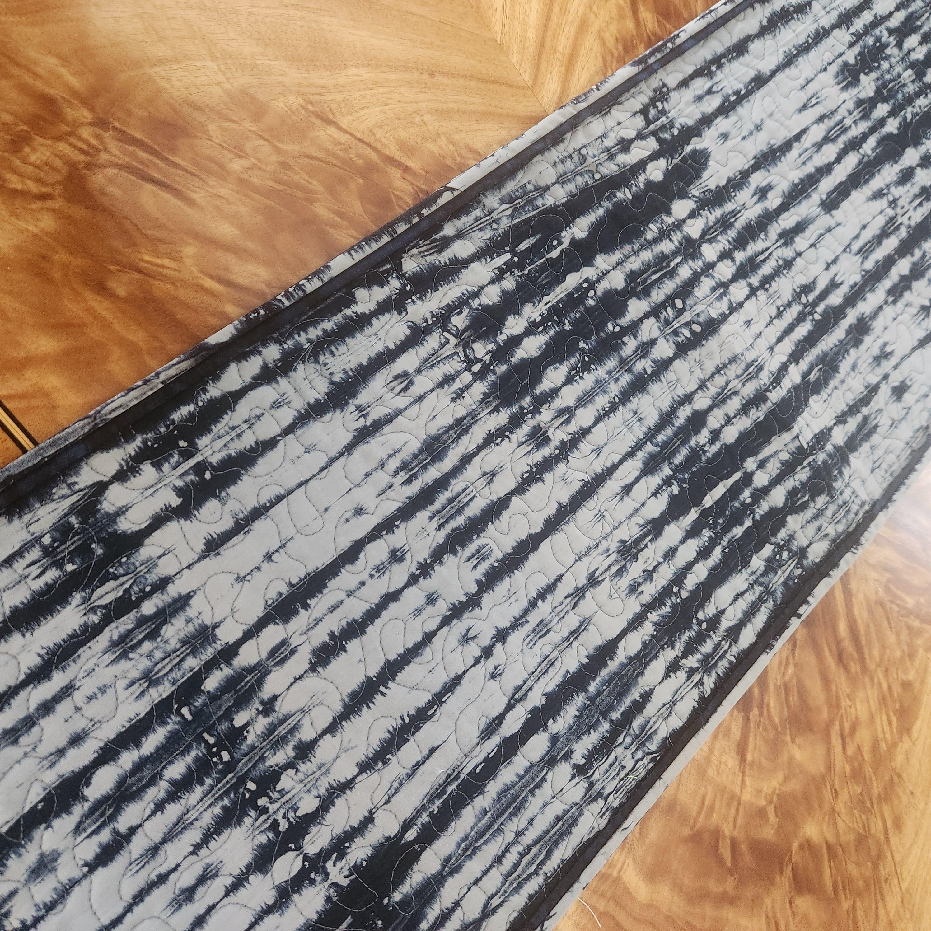 Quilted Table Runner, Tie Dye Blue and Gray,