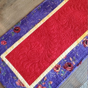 Purple and red quilted table runner. Gift.  Summer table runner. Table decoration. Roses