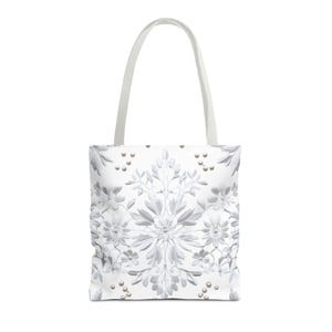 Elegante Blumen Einkaufstasche, Weiß und Perlen-Design - Stylische Umweltfreundliche Tasche für alle Anlässe, Geschenk für Sie, Lebensmittelgeschäft, Strand