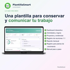 Puede incluir: Una pantalla de ordenador portátil que muestra la interfaz del panel digital PlantillaSmart en tonos verdes y blancos. La pantalla presenta secciones para actividades, logros, proyectos y registros de reuniones, junto a una lista de funciones.