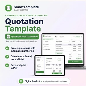 May include: SmartTemplate automated Google Sheets quotation template for small businesses. Features include automatic numbering, tax and subtotal calculations, and PDF export. Displays a laptop and tablet screen showing the interface.