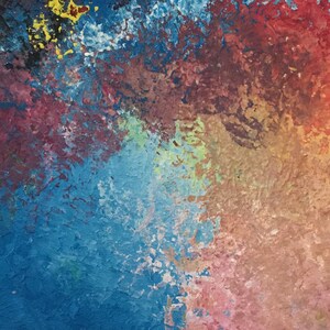 May include: A rectangular painting featuring a textured abstract composition with a vibrant color palette. The surface displays blended layers of deep blue, bright red, soft pink, yellow, and earthy brown tones, creating a dynamic visual effect.