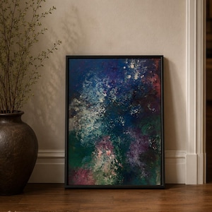 May include: A rectangular framed wall art piece featuring an abstract painting with a textured application of deep blue, emerald green, violet, and white paint. The composition displays layered, blended colors with visible brushstrokes and splatters.