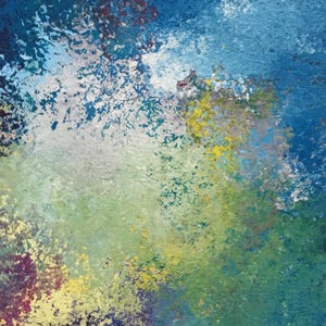 May include: An abstract painting featuring a textured surface with layered colors including deep blue, bright yellow, forest green, and hints of white. The paint application creates a mottled effect with varying densities of pigment across the canvas.