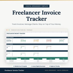 May include: A digital spreadsheet template titled Freelancer Invoice Tracker. The dashboard displays financial overview, invoice overview, client overview, and upcoming payments with data fields for tracking income, paid, outstanding, and overdue invoices.