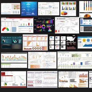 May include: A collection of various business data dashboards and analytical reports displayed on a dark background. The visual layout includes multiple charts, graphs, tables, and maps showing performance metrics, financial data, and statistical trends.