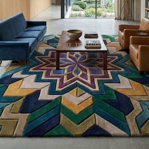 Hand Tufted Geometric Wool Rug 3D Star Pattern Area Rug Modern Abstract Floor Carpet Large Colorful Living Room Rug Mid Century Decor