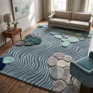 Könnte beinhalten: Ein rechteckiger Teppich mit einem Muster aus blauen und grauen Wellenlinien sowie erhabenen, strukturierten, kieselartigen Formen in Grün-, Blau-, Grau- und Cremetönen. Der Teppich zeigt den Text RUGS BY LTS LUXE in der Mitte des Designs.