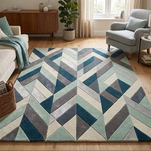 Geometric Chevron Wool Rug, Teal Grey Cream Modern Area Rug, Hand Tufted Abstract Triangle Design Carpet for Living Room Bedroom