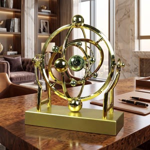May include: A gold-toned kinetic sculpture featuring a central sphere surrounded by rotating rings and smaller metallic orbs. The structure is mounted on a rectangular gold base, creating a model of an atom with a polished, reflective finish.