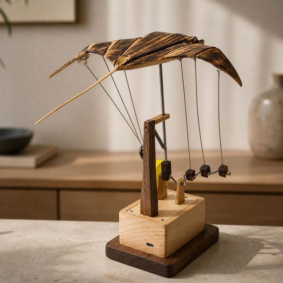 A hand-carved wooden manta ray that actually moves through mechanical linkages — desk automaton meets coastal sculpture in a way that stops people mid-conversation.