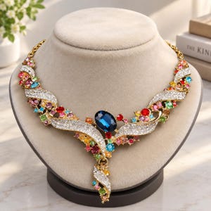 May include: A gold-tone metal necklace featuring a central oval dark blue crystal, surrounded by swirling bands of clear white rhinestones and accented with small, multi-colored round crystals in shades of red, pink, green, yellow, and light blue.