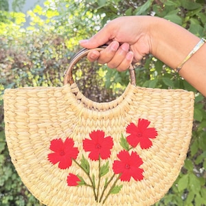 Avaniche Handwoven Reed Grass Handbag | 11 Inches | Floral Embroidered Straw Tote, Wooden Handles image 1