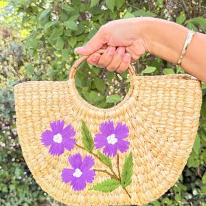 Avaniche Handwoven Reed Grass Handbag | 11 Inches | Floral Embroidered Straw Tote, Wooden Handles image 3