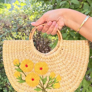 Avaniche Handwoven Reed Grass Handbag | 11 Inches | Floral Embroidered Straw Tote, Wooden Handles image 4