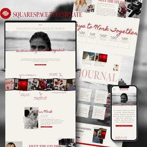 May include: A Squarespace 7.1 website template displayed on a laptop screen and a smartphone screen. The design features a cream background with red text, including headings like "Meet the Studio," "Ways to Work Together," and "Our Work," alongside photography.