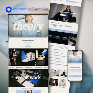 Könnte beinhalten: Ein digitales Squarespace 7.1-Template, dargestellt auf einem Laptop-Bildschirm und einem Smartphone. Das Layout zeigt einen weißen Hintergrund mit blauen Akzenten, Serifenschrift und verschiedene Bildbereiche mit professionellen Fotos.