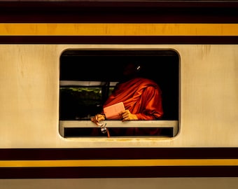 Monk at a Train Window | Travel Photography Print | Fine Art Street Photography