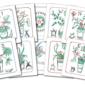 May include: A set of nine cards with Chinese characters and illustrations of plants in vases. The cards are white with blue, green, and red borders. The characters on the cards are:  "取", "1", "2", "3", "4", "S", "W", "N", and "E".