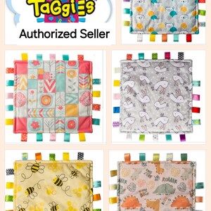 Original Baby Taggies Blanket, 12&quot; x 12&quot;, Bear, bunny, Bees, floral color block, personalized Taggie blanket