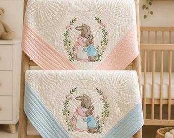 Embroidered Bunny Rabbit Quilt, Heirloom Baby Crib Blanket, Cotton Gift