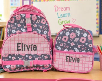 Girls Personalized Backpack Lunchbox Set, Charcoal Flower Print
