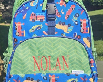 Boys personalized transportation Backpack, Stephen Joseph all over print,  monogrammed, ages 4-9, cars, trucks and planes