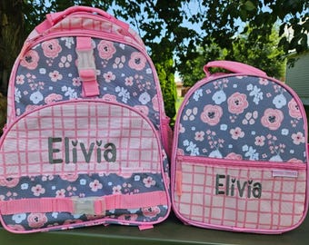 Girls personalized Backpack and lunchbox, Charcoal Flower, Stephen Joseph all over print,  monogrammed, 2 piece set, ages 4-9