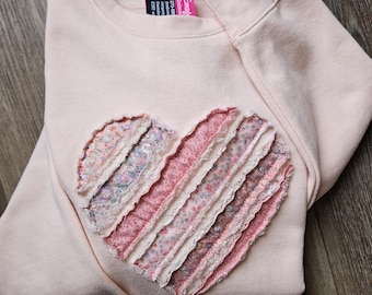 Heart Shabby Chic Sweatshirt on Cozy Crewneck with Patchwork Appliqué embroidered Raggy Patchwork shirt