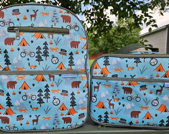 Kids Personalized Backpack and Lunchbox Set, Outdoor Theme School Bag, Custom Name Backpack, Toddler School Set Ages 3-6