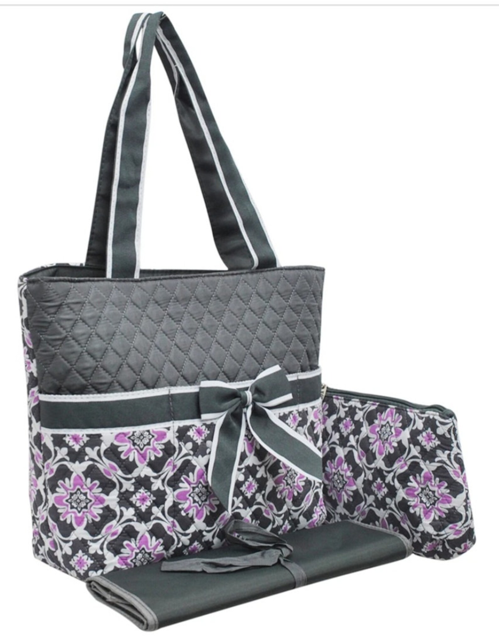 Gray floral diaper bag personalized purse 3 piece set tote Etsy