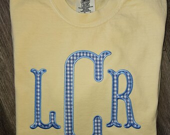 Comfort Colors Monogram Shirt, Fishtail Gingham Large Applique, Personalized Embroidered Tee, Custom Adult Unisex T-Shirt, REAL EMBROIDERY