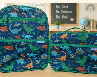 Personalized Dinosaur Junior Backpack, Lunchbox, Nap mat, Stephen Joseph Dinosaur set, Kids Back to School 2 pieces, age 3-6