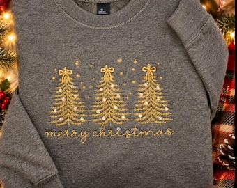 Christmas Sweatshirt with gold embroidery and rhinestone, holiday crewneck