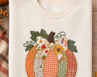 Pumpkin sweatshirt,  Cozy sweater for fall, REAL embroidered applique NOT print,  Gingham fabric Thanksgiving shirt