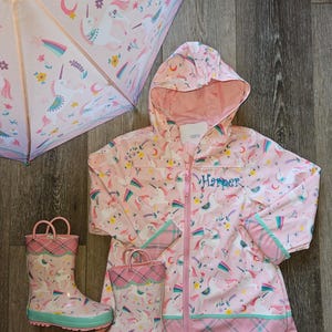 Girls Raincoat Set, Kids Personalized Rain Jacket, Monogrammed Stephen Joseph Unicorn Jacket, Boots, Umbrella