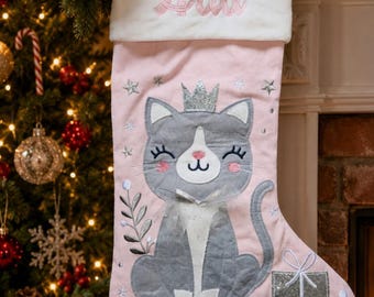 Personalized Christmas Cat Stocking, Stocking for girl, Stephen Joseph custom embroidery