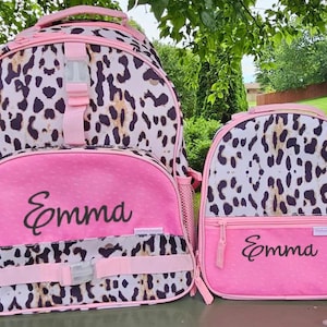 Mochila y fiambrera personalizadas de leopardo rosa, monograma de Stephen Joseph, juego de 2 piezas