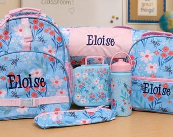 Personalized Bee Print Backpack Bundle, Kids Back to School Lunchbox Nap Mat