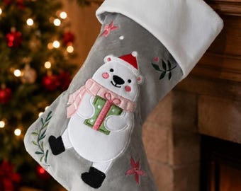 Personalized Polar Bear Christmas Stocking, Embroidered name stockings, ships October