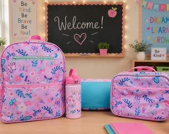 Kids Personalized Backpack Lunchbox Set, Junio lilac butterfly Back to School