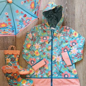 Girls Raincoat Set, Kids Personalized Rain Jacket, Monogrammed Stephen Joseph Turquoise Flower Jacket, Boots, Umbrella