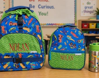 Boys Personalized Transportation Backpack and Lunchbox stainless steel cup Set