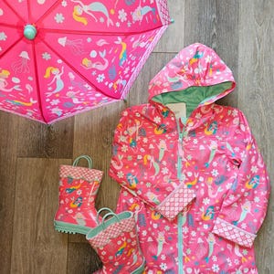 Girls Raincoat Set, Kids Personalized Rain Jacket, Monogrammed Stephen Joseph Mermaid Jacket, Boots, Umbrella