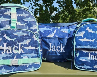 SHARK Personalized Boys Backpack, Lunchbox and Nap mat set, Stephen Joseph SHARK 3 pieces, Kids Back to School Set
